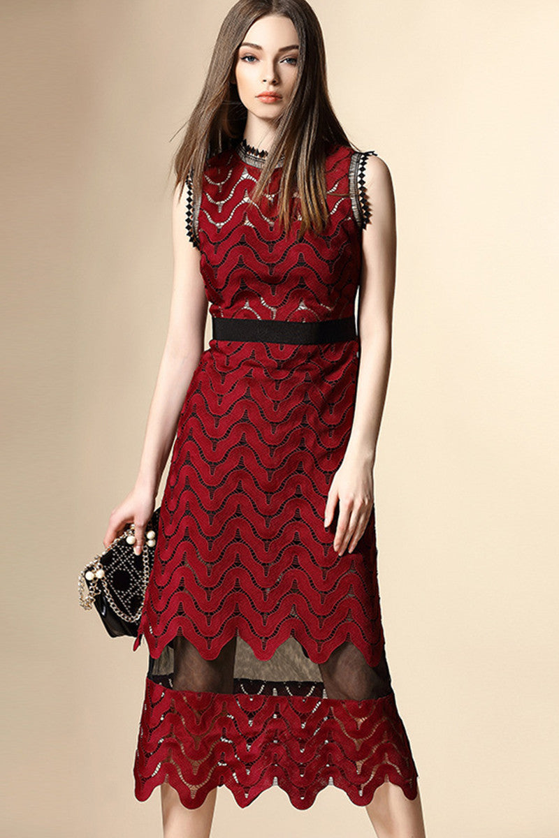 Little High Collar Wavy Hollow-Out Slim Dress