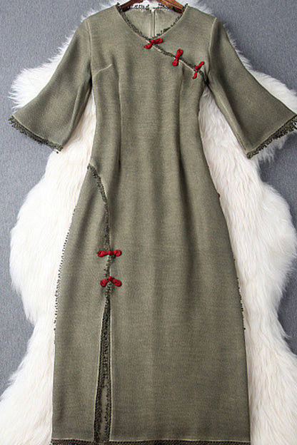 VINTAGE HALF SLEEVE BATWING CASUAL ROUND NECK MIDI DRESS