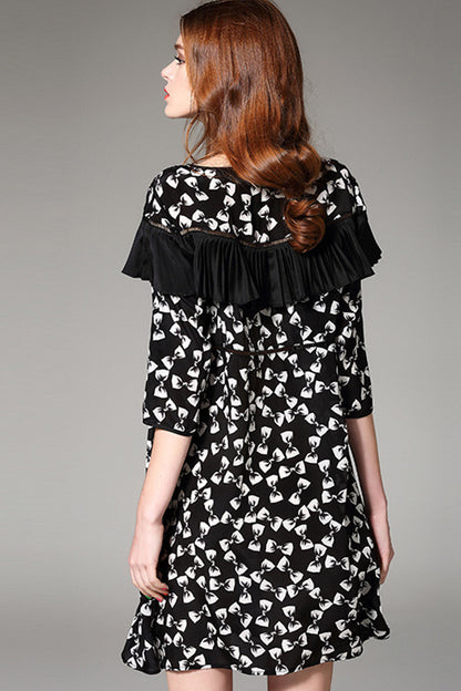 [30% OFF TILL 8 APR] Cute Bow Print Ruffle Pleat Shoulder Half Sleeve Little Back Casual Dress