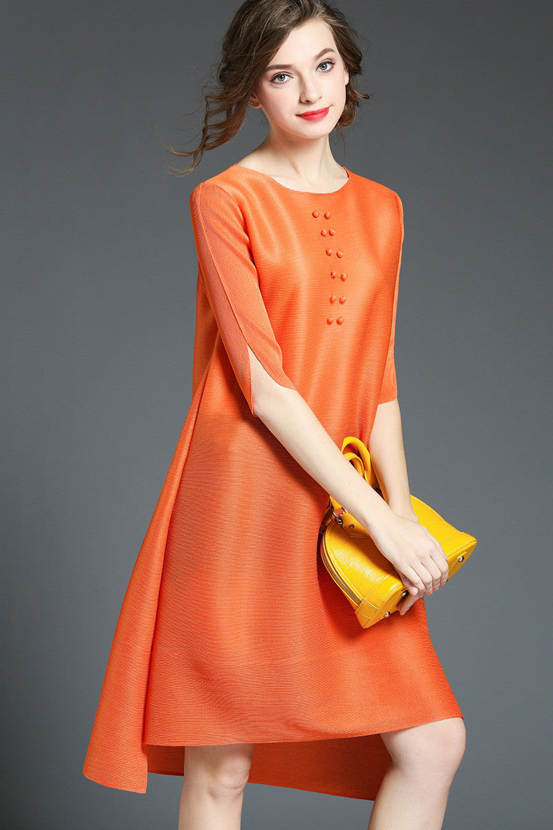 1/2 Sleeve Pleated Hi-Low Shift Dress With Cover Button Decoration