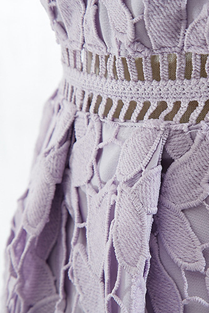 Deep V Neck Hollow-Out Lace Embroidery  Open Back Dress