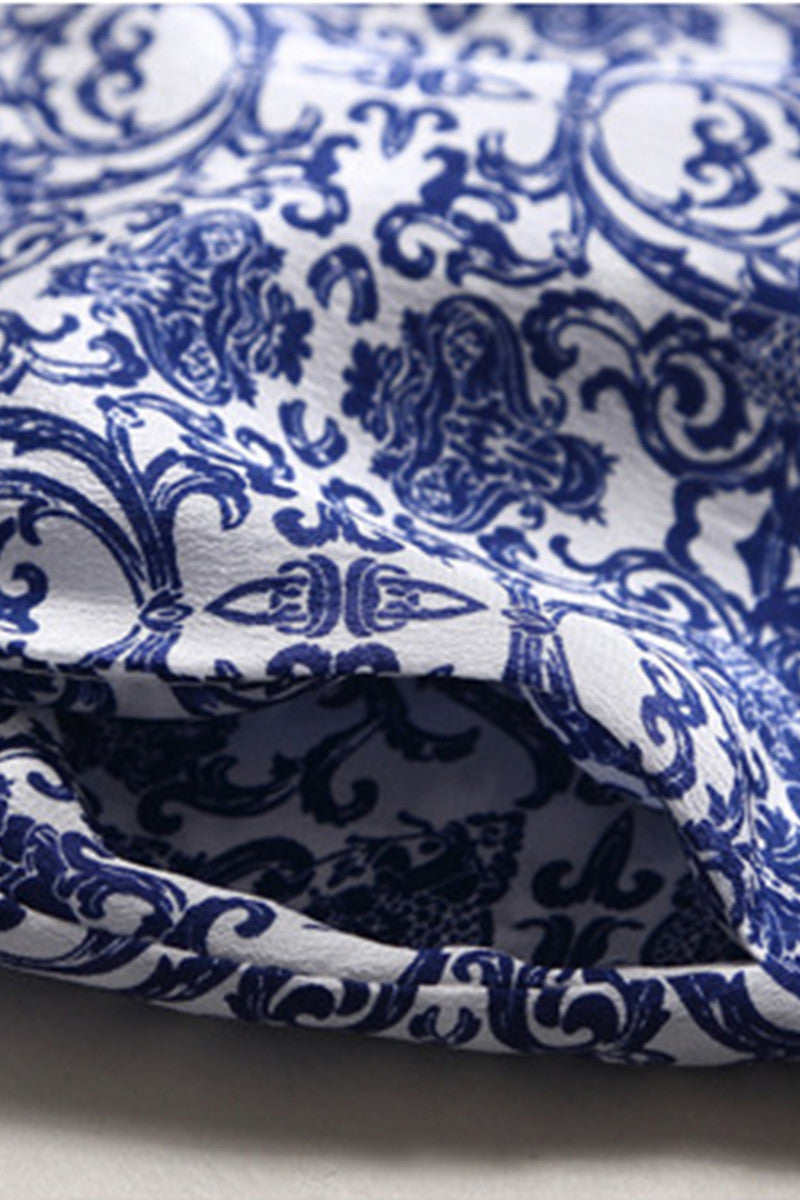 Roll Collar Blue And White Porcelain Pattern Half Sleeve Midi Dress - NJOYDRESS - 4