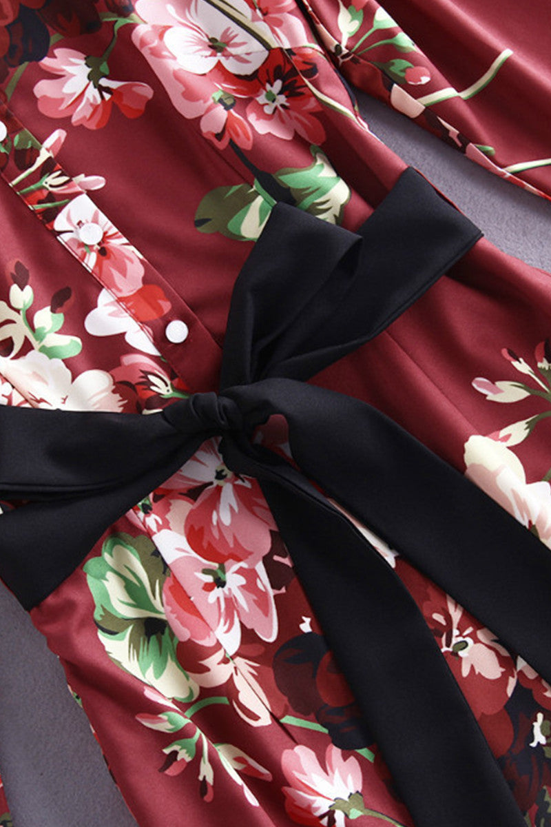 Roll Collar Flare Patch Sleeve Flower Pattern Dress With Belt - NJOYDRESS - 4