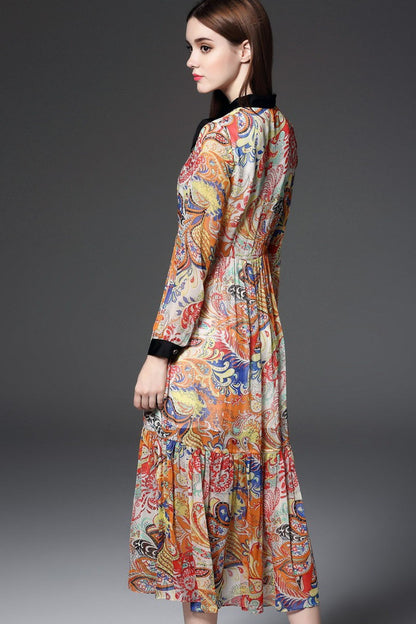 Bowknot Neck Multi-Color Retro Pattern Flare Dress