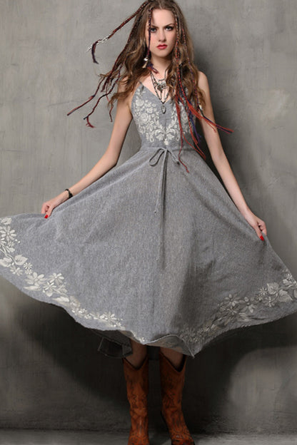 Middle Gray Smoking Elastic Wide Bottom Embroidered Maxi Casual Sundress