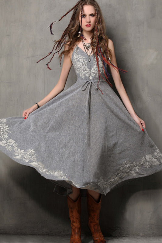 Middle Gray Smoking Elastic Wide Bottom Embroidered Maxi Casual Sundress