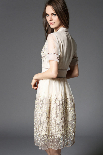 Chi-pao Stand Collar Floral Embroidery Organza Dress