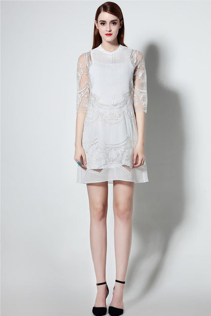 Pintuck Organza Embroidered Short Cocktail Dress
