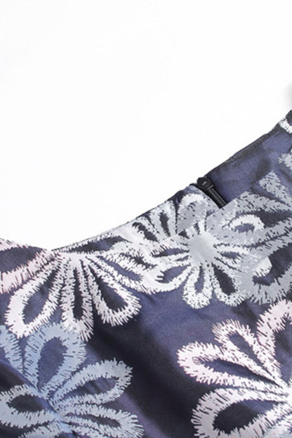 Boat Neck Floral Embroidery Pleated Full Dress