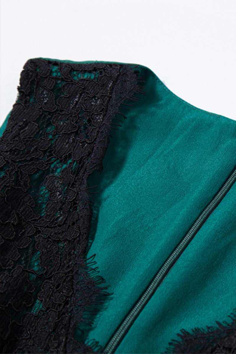 V Neck Lace Applique Top Runched Pleat Dress