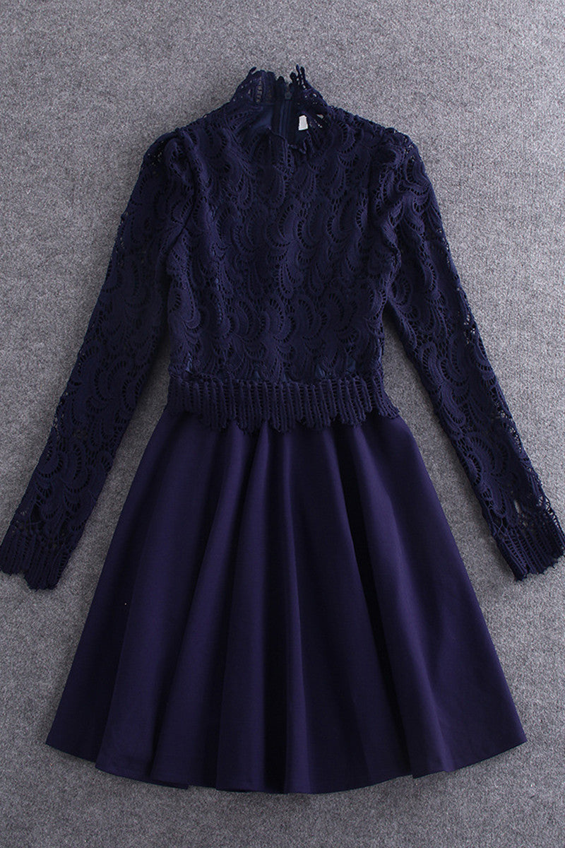 Lace Neck Lace Trim Tops Swing Tail Dress - NJOYDRESS - 1