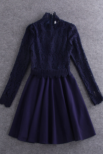 Lace Neck Lace Trim Tops Swing Tail Dress - NJOYDRESS - 1