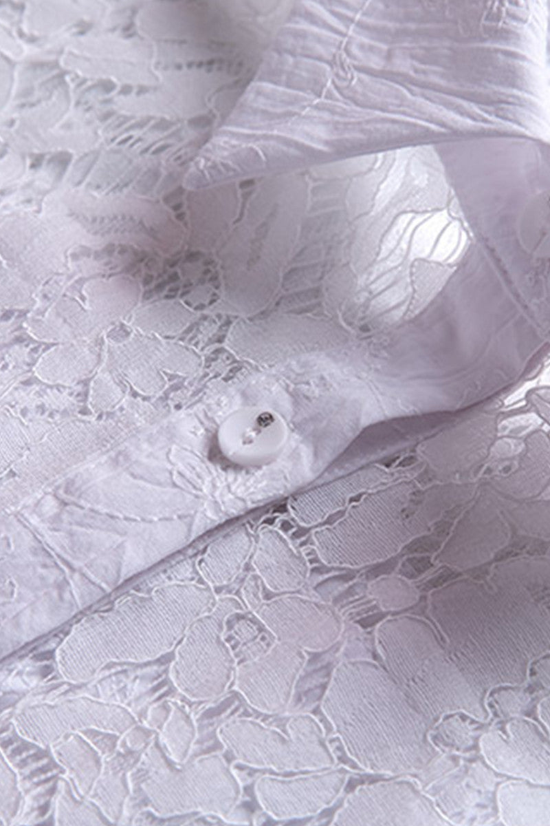 Peter Pan Collar Hollow Out Lace Shirt Top - NJOYDRESS - 4
