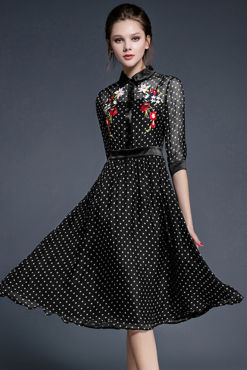 Lapel Neck Flowers Embroidery Flare Dress
