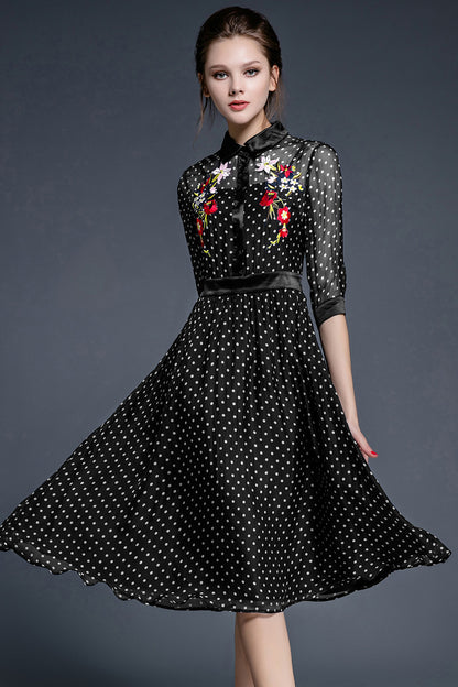 Lapel Neck Flowers Embroidery Flare Dress
