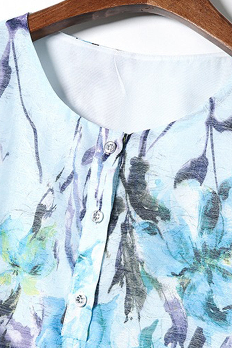 Round Collar Vintage Floral Print Short Front Back Long Dress