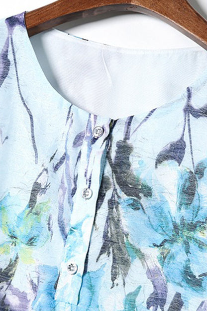 Round Collar Vintage Floral Print Short Front Back Long Dress