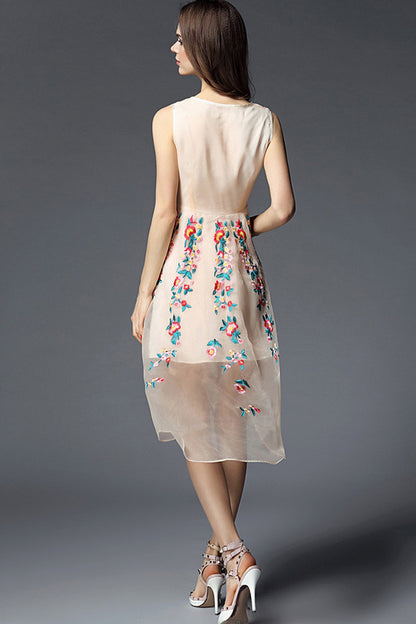 V Neck Floral Embroidery Mesh Hi-Low Irregular Flare Dress