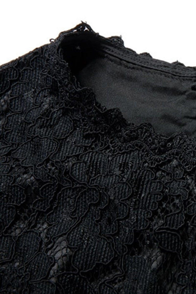 WOMEN'S LACE ROUND NECK 3/4 SLEEVE PRINT AND FLORAL SHORT DRESS WITH BELT