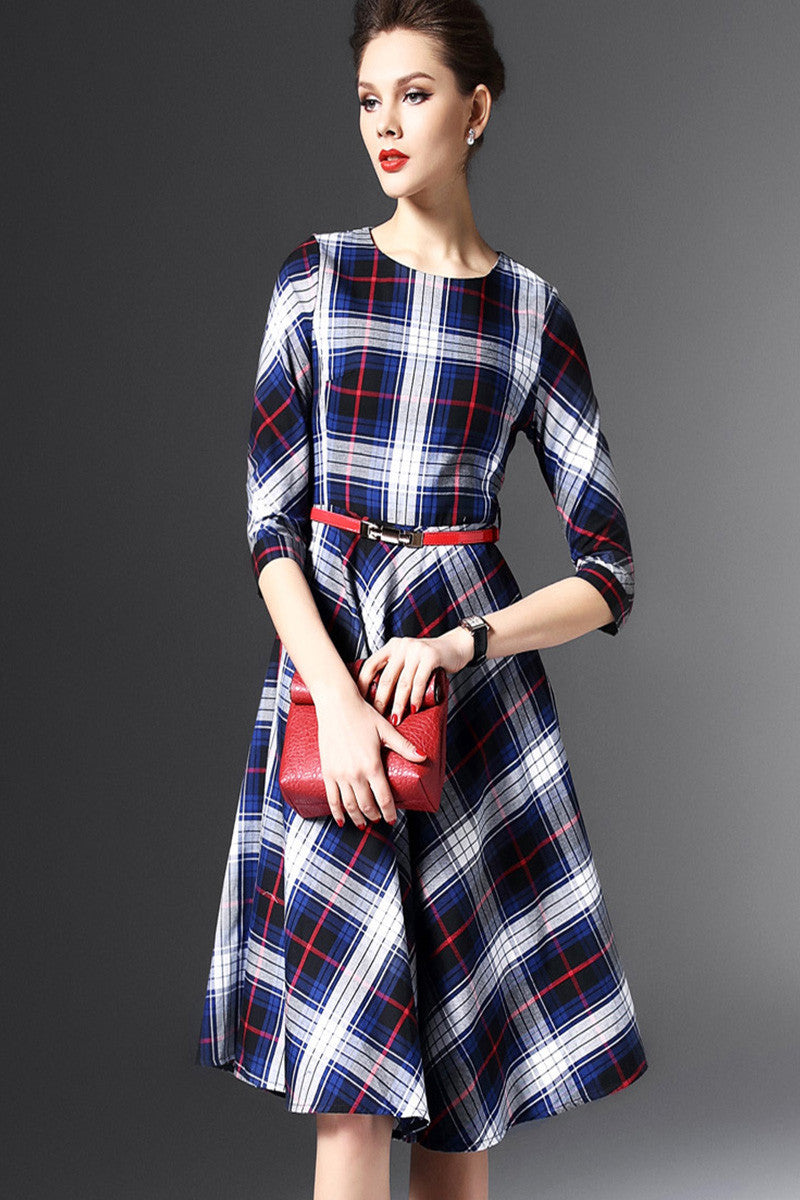 1/2 Sleeve Check Dress - NJOYDRESS - 1