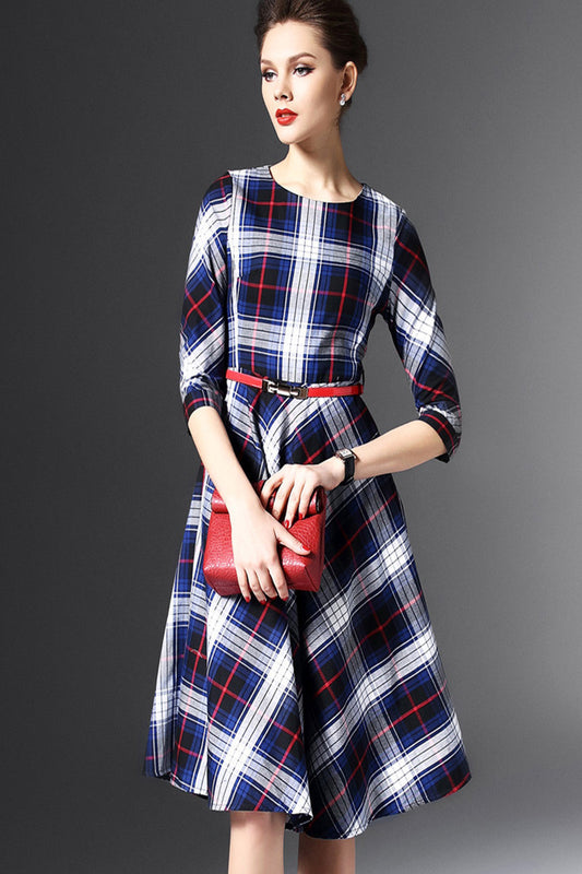 1/2 Sleeve Check Dress - NJOYDRESS - 1