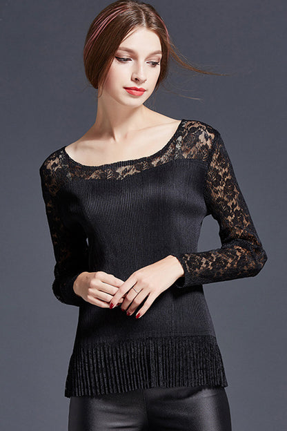 women's casual hollow out long lacing sleeve fit boat neck shirt