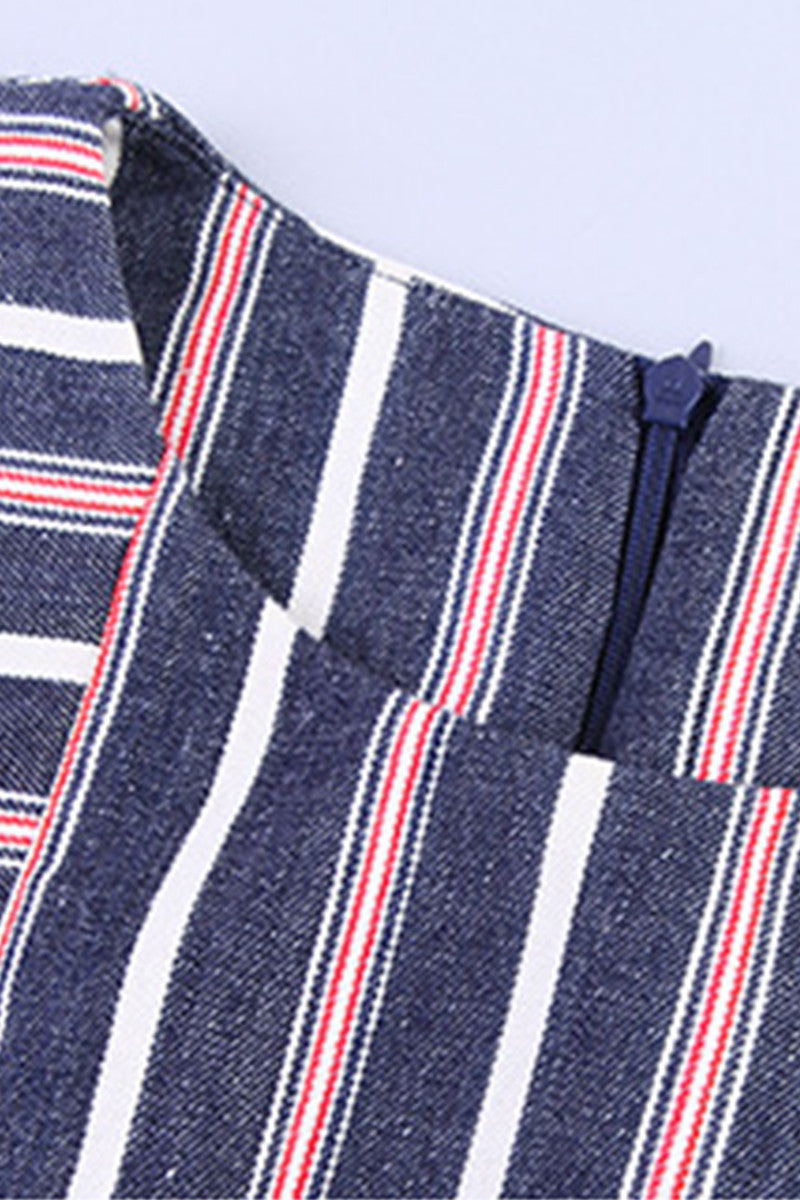 WOMEN'S SLIM FORMAL HALF SLEEVE STRIPE EMBROIDERY ROUND NECK DRESS