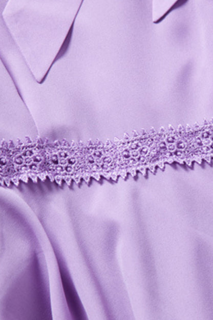 Bowknot Lacing Neck Lattern Sleeve Lace Patch Shirring Waist Chiffon Pleat Dress