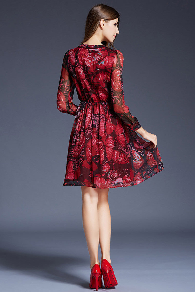 Lacing Bowknot Neck Floral Print Pleat Dress