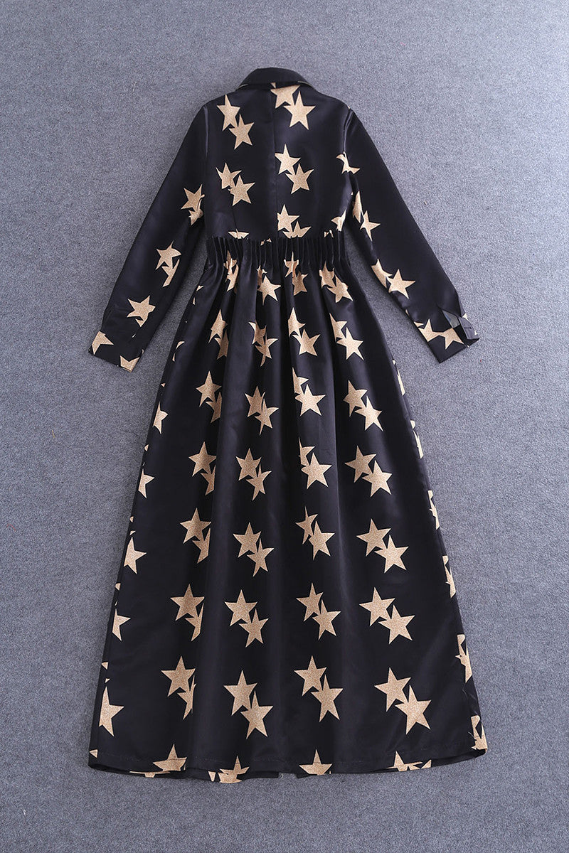 Roll  Collar Stars Print Front Slit Ankle Dress - NJOYDRESS - 3