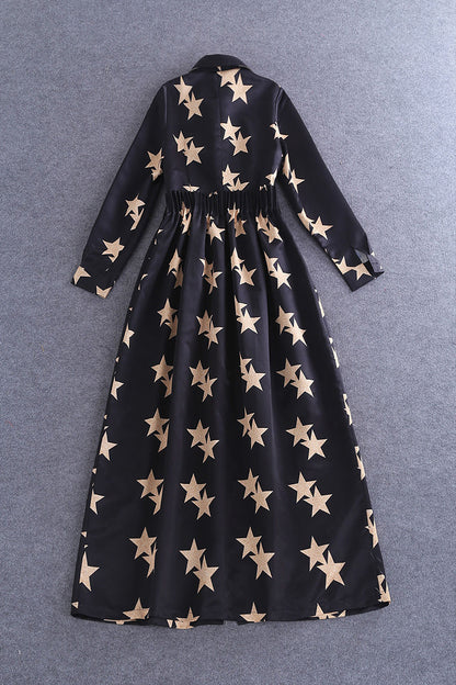 Roll  Collar Stars Print Front Slit Ankle Dress - NJOYDRESS - 3