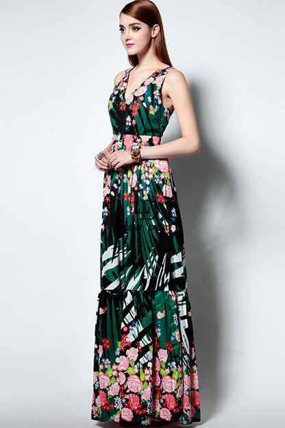 Contemporary Floral Maxi V-neck Vacation Dress