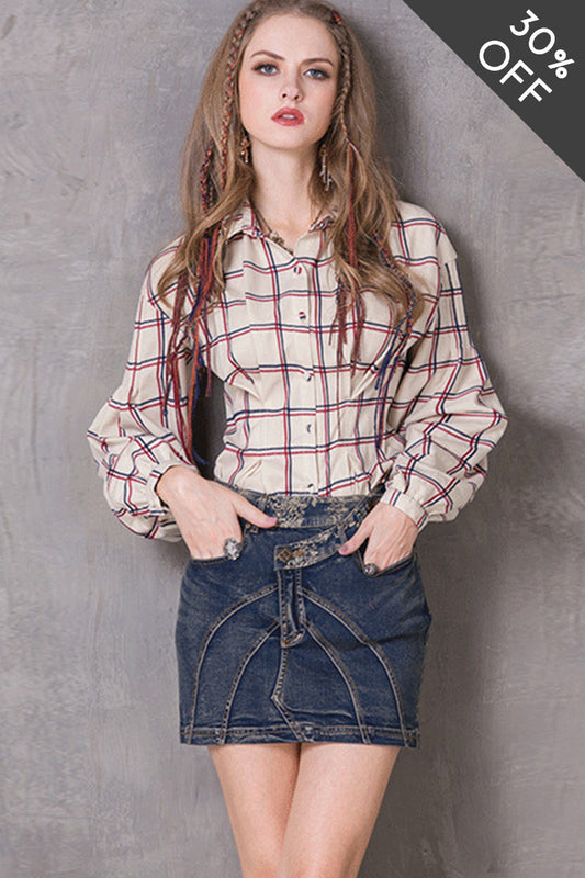 [30% OFF TILL 8 APR] Long Sleeve Plaid Casual Blouse