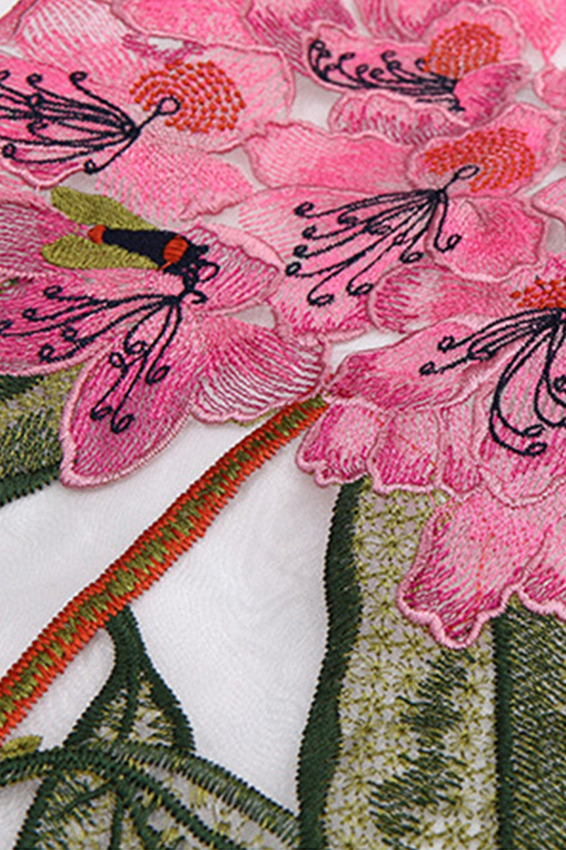 Sheer Stand Collar Flower Embroidery Grace Dress