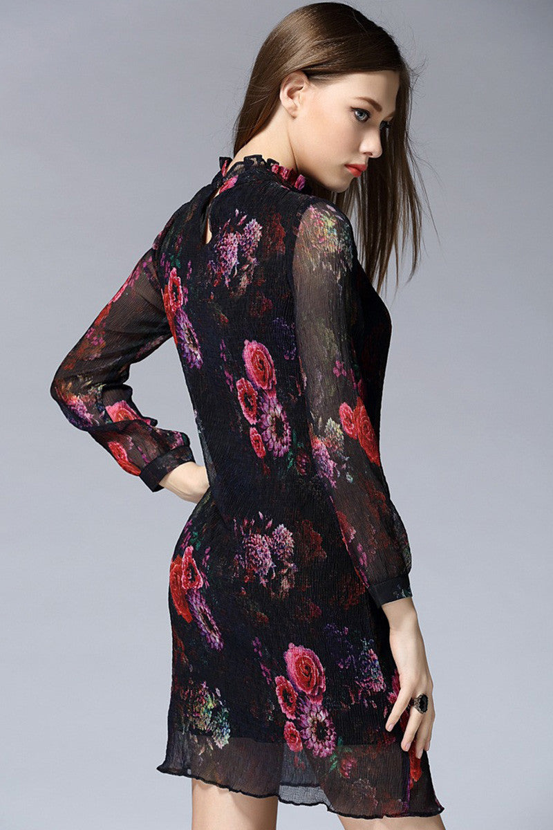 Floral Printting Ruffle Mock Neck  Dress - NJOYDRESS - 2
