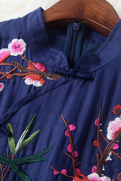 Stand Collar Retro Embroidery Shirring Waist Chi-Pao Dress