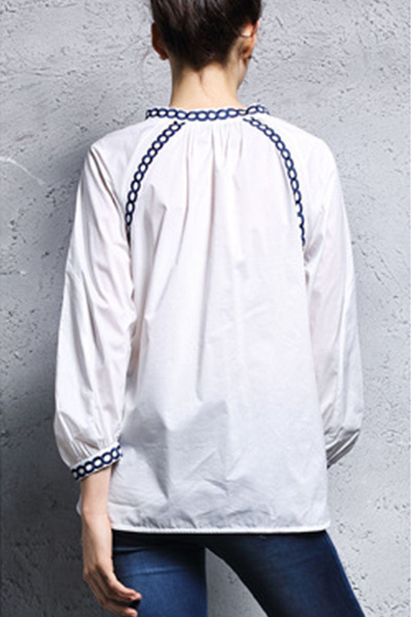 Stand Collar   Embroidered  Short Front Long Back Shirt - NJOYDRESS - 3