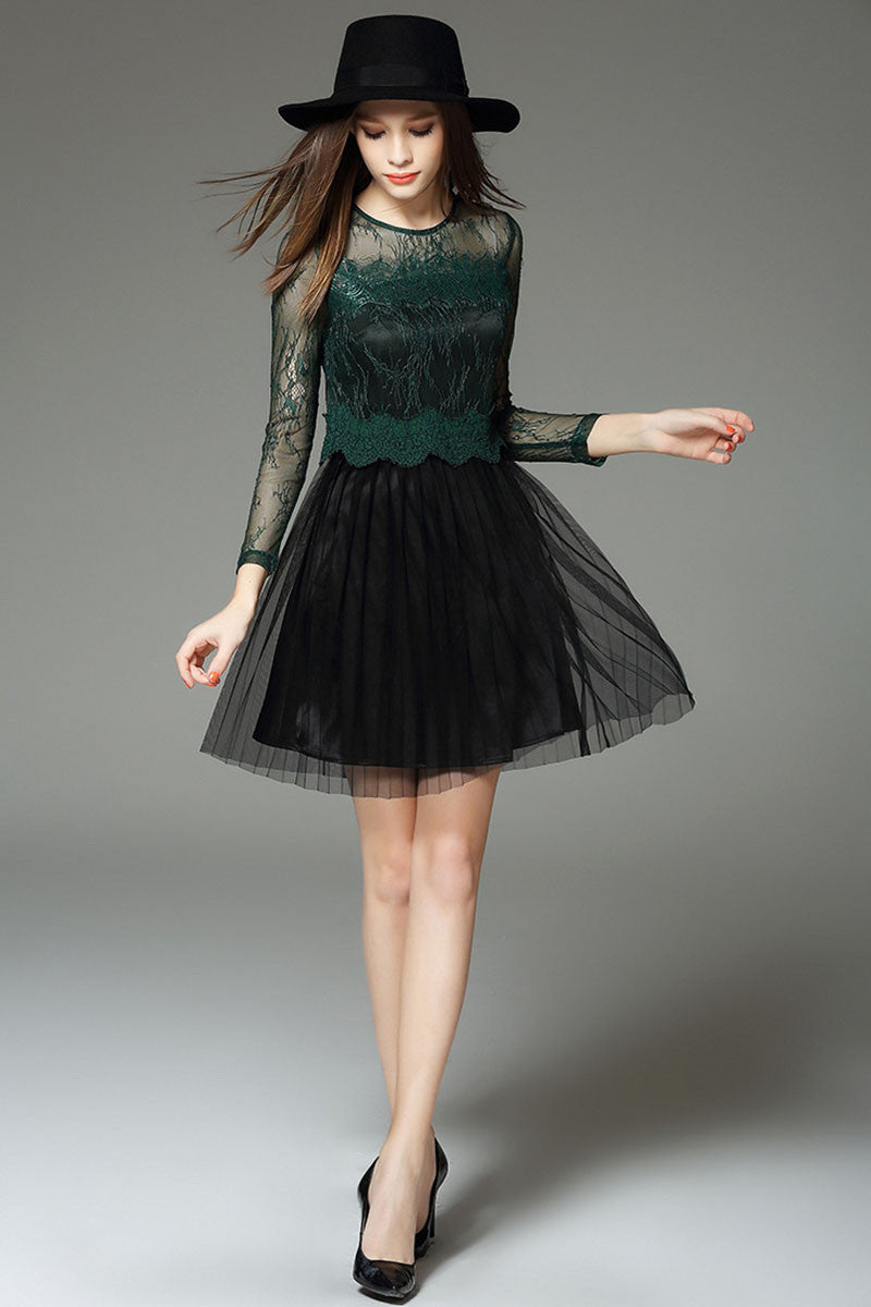 Lace See Through Sheer Patch Mesh Pleat Flare Party Dress - NJOYDRESS - 1