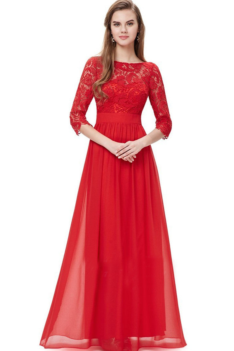 Elegant Floral Lace Round Neck Evening Fromal Gown Dress