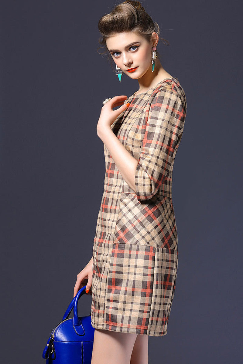 Classical Check Midi Dress with Side Pocket - NJOYDRESS - 2
