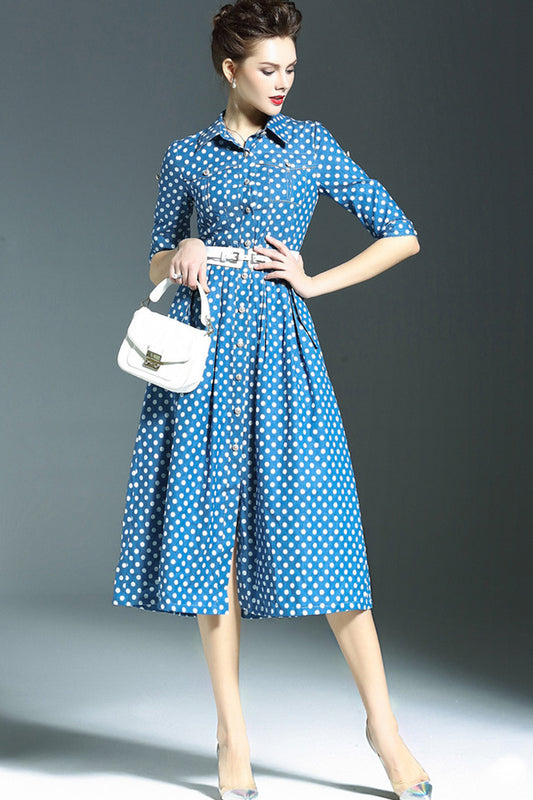 Elegant Dot Printed Lapel Half Sleeve Formal Dress