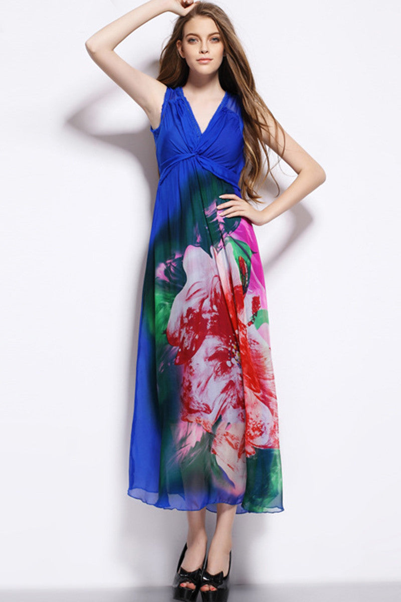 Raw Edge Knotted Floral Maxi Dress