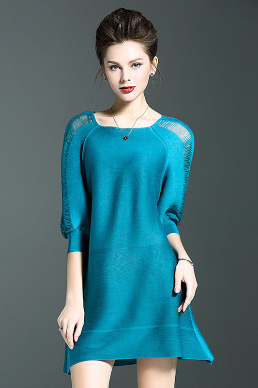Boat Neck Hollow Out 3/4Sleeve Loose Dress