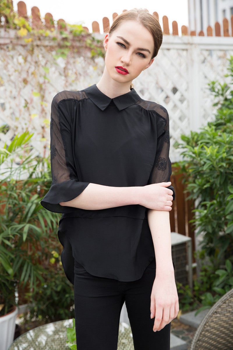 Lapel Neck Sheer Flare Sleeve Irregular Short Front Long Back Blouse