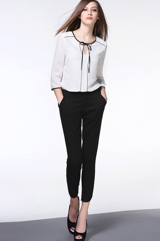 3/4 Sleeve Contrst Piping Blouse