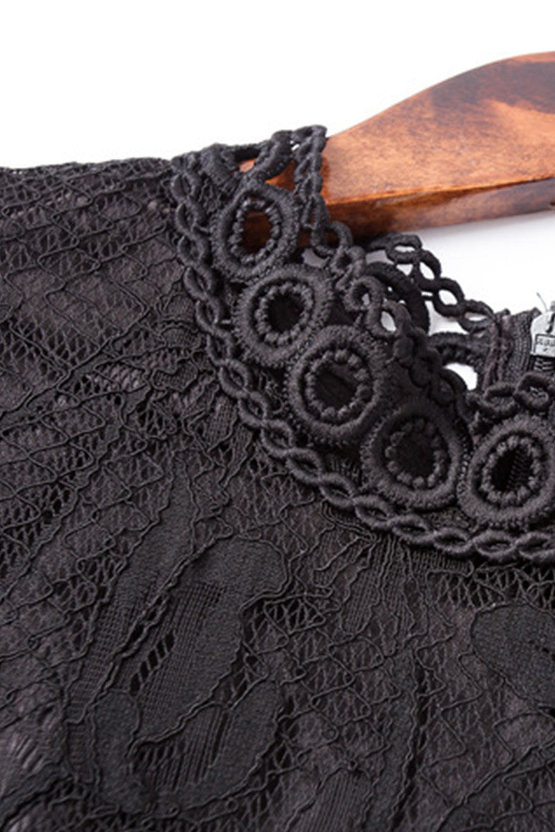 Stand Collar Sheer Sleeve Tunic  Hollow Out Lace  Dress