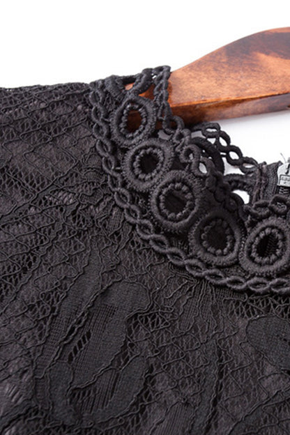 Stand Collar Sheer Sleeve Tunic  Hollow Out Lace  Dress