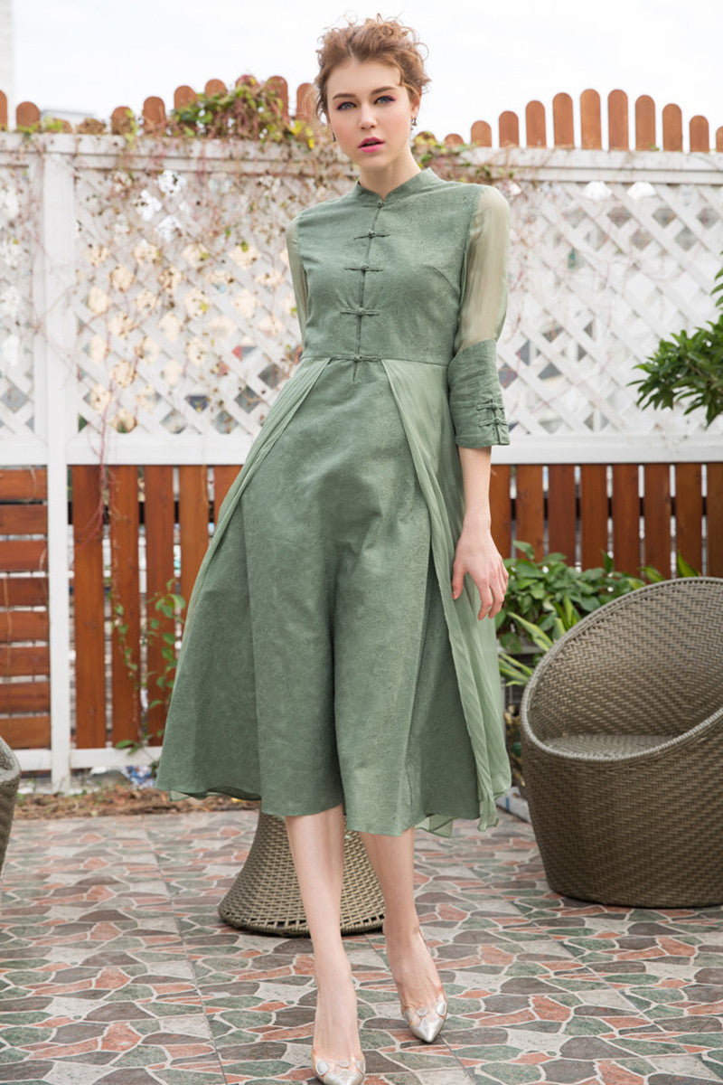 Stand Collar Sheer Sleeve  Chi-Pao Button Retro Swing Dress
