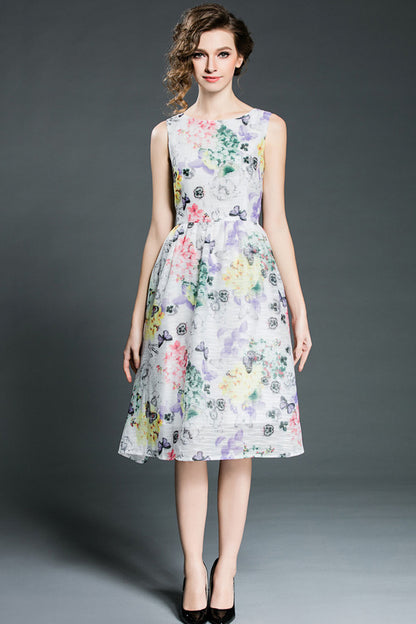 CASUAL SLEEVELESS ROUND NECK VACATION FLOWER PRINTING MIDI DRESS
