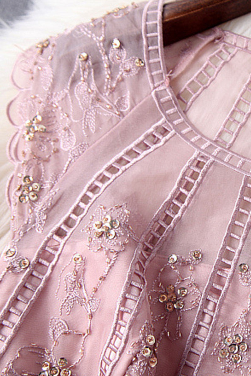 Little Cap Sleeve Lace-Inset With Beaded Embroidered Pleated Cocktail Dress
